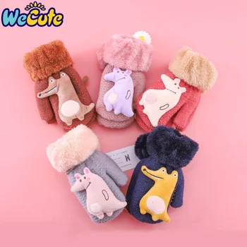 

New Kids Gloves Baby Winter Coral Fleece Gloves Warm Thicken Mittens Cute Cartoon Knitted Gloves Hanging neck Gloves Kids 5-10Y