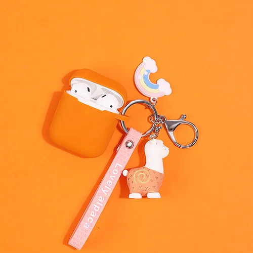 Мультфильм животных кожухи головных телефонов для Airpods 2 Силиконовые беспроводные Bluetooth милые наушники защитный чехол Альпака Радуга брелок - Цвет: Оранжевый