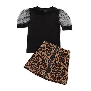 

2020 Summer Toddler kids Baby Girl Lace Puff Sleeve Tops T-Shirt+Leopard Zipper Skirt Lovely Fashion Outfits Clothes