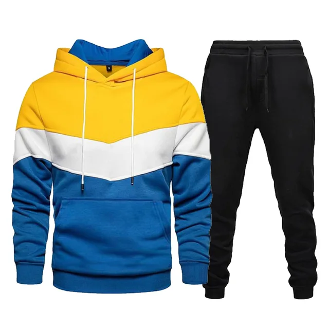 Men's Tracksuits Two Piece Sets Color Stitching Hoodie and Pants Fshion Casual Sportswear Autumn Winter New Men's Jogging Suit Yellow