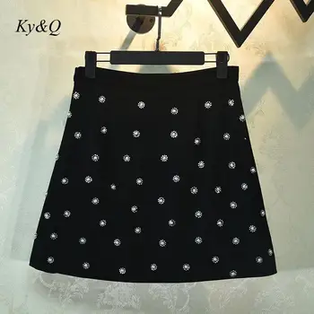 

Brand Design 2020 Summer New A-line Skirt Vintage Women Fashion High Waist Hot Diamond Nail Beads Black Casual Skirt Clothes