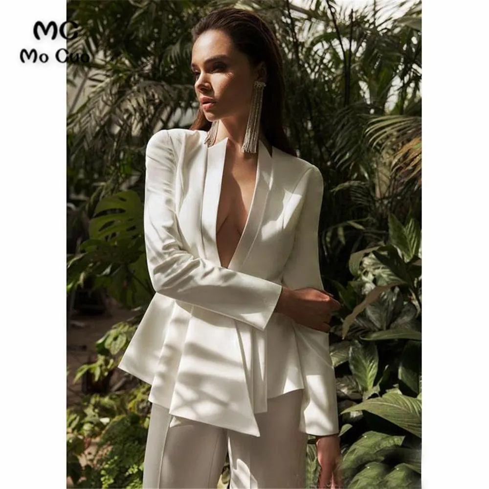 Chic 2020 Women Suits Evening Dresses Sexy Deep V Neck Long Sleeve Pant Suits Prom Gowns Party Wear (2)