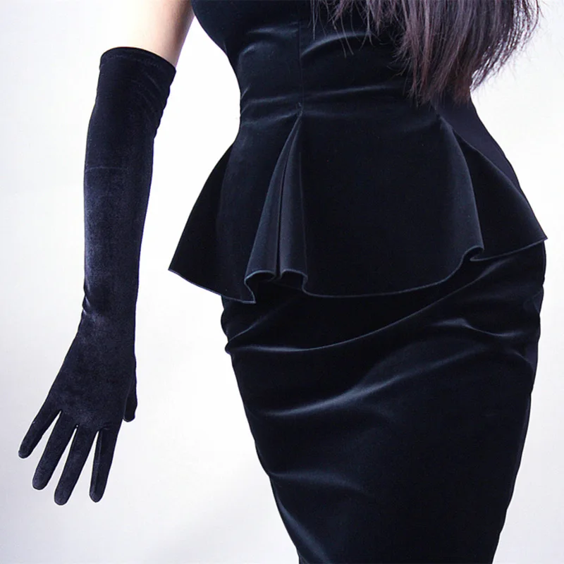 Spring Autumn Women Gold Velvet Long Gloves 43cm Long Dinner Dress