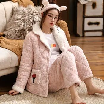

2020 Winter 2 Piece Set Women's Home Service Suit Fashion Warm Plus Velvet Thick Coral Velvet Home Service Lady Clothing Sets