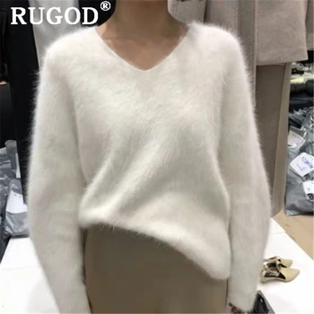 

RUGOD Cashmere Warm sweater women Korean chic sweet V neck long sleeve Auturm winter soft thicken knitted pulovers 2019 knitwear