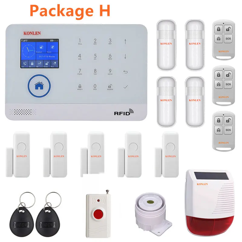 Package H KONLEN wifi GSM RFID охранная домашняя охранная сигнализация Беспроводная Android русская испанская Голосовая Солнечная Сирена датчик дыма двери - Цвет: Package H
