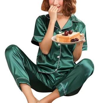 

Summer Women Short Sleeve Silk Satin Pajamas Ladies Fashion Home Suit Sleepwear Two Piece Set Button Top + Long Pants Pajama Set