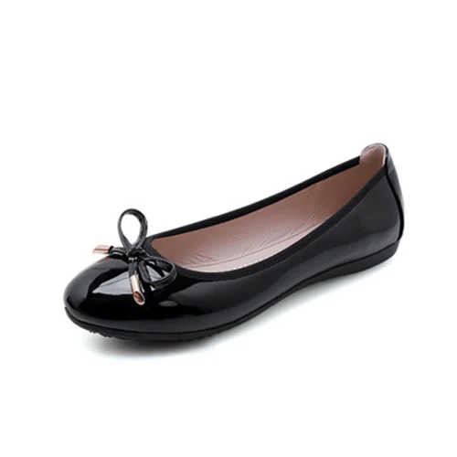 Повседневная обувь на плоской подошве; женская обувь с острым носком и бантом-бабочкой; балетки на плоской подошве; кожаные женские лоферы; большие размеры; HVT640 - Цвет: Patent leather black