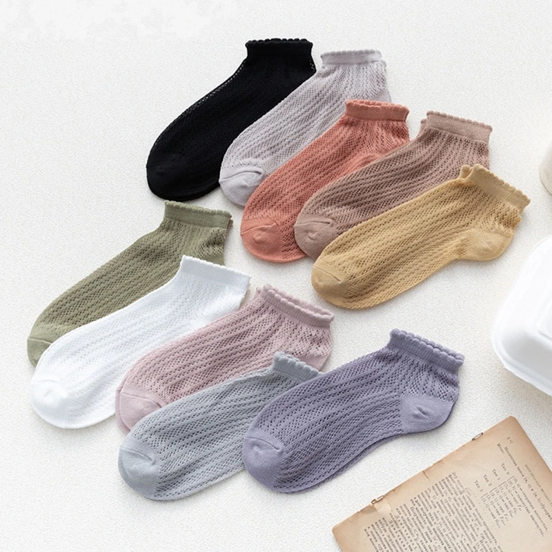 

10 Pairs Pack Plain Socks Women Short Ankle Basic Style Hollow Out Mesh Soft Commfortable Cotton Summer Socks Accessories Gift