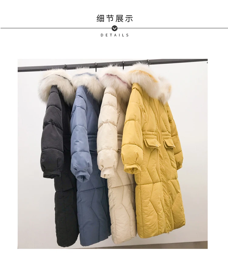According to Nalini Korean-style Slim Fit Autumn& Winter down Jacket Long Loose-Fit Large Fur Collar Cotton Overcoat Coat
