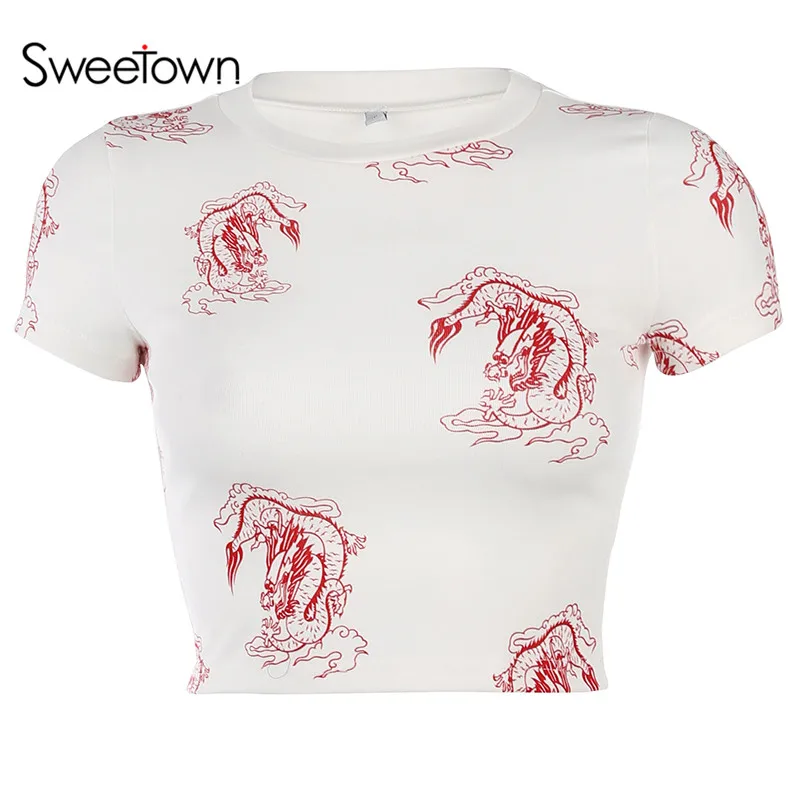 white Sweetown, летняя Новинка, модные футболки с изображением дракона, женский короткий топ, рубашка, женская одежда для тренировок, футболка с коротким рукавом, Harajuku - Цвет: white