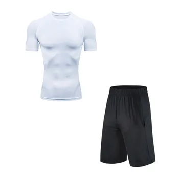 

New gym men's compression suit short-sleeved T-shirt stretch leggings fitness tights sportswear short-sleeved T-shirt + pants