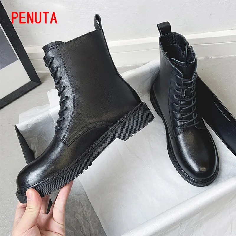 Boots Female Women Shoes Fashion Winter Footwear Genuine Leather Military Botas Lace Up Ankle Booties Med Heel Warm Shoes A009