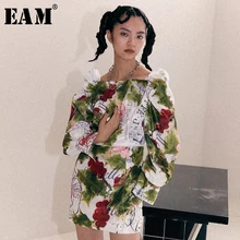 [EAM] женское платье с принтом и разрезом, новинка, квадратный воротник, свободный крой, мода, весна-осень, 1B911