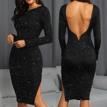

Womail Dress Elegant party dress of women long sleeve dress for lady Backless sequin female club dress vestidos mujer D10