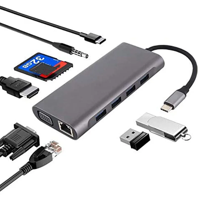 11 в 1 USB C концентратор с 4 гигабитный Ethernet VGA HDMI доставкой питания o порт SD и Micro