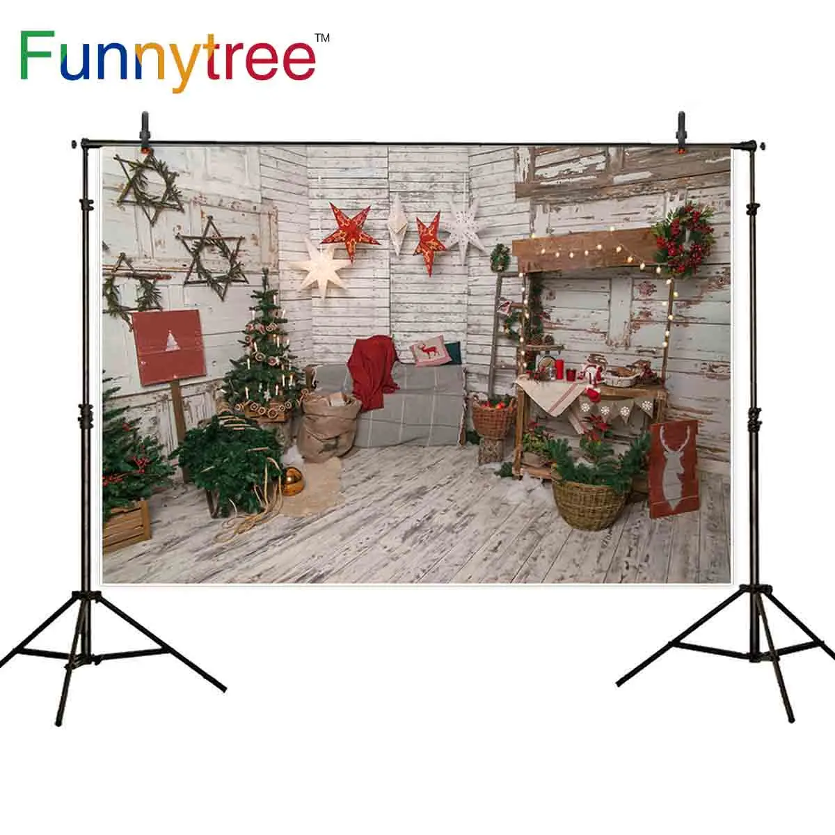 

Funnytree photography background Winter Christmas new Year indoor Wooden star photophone photocall photobooth photo shoot prop