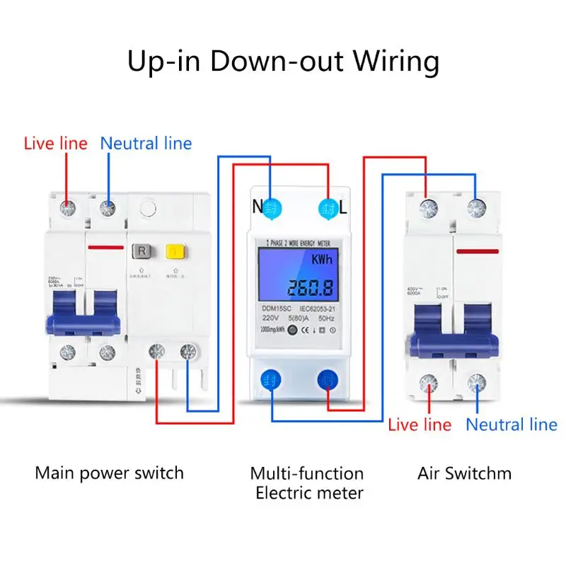 Однофазный 2 провода Din Rail 5(80A) счетчик энергии Электрический счетчик монитор DDM15SD с ЖК-подсветкой