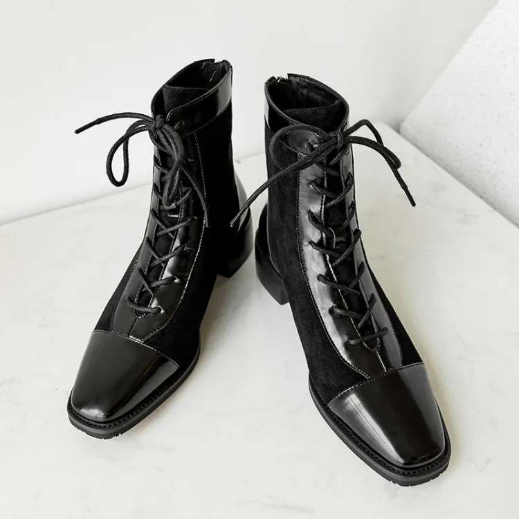 

MLJUESE 2020 women ankle boots cow leather winter short plush square toe lace up women riding boots party dress size 40