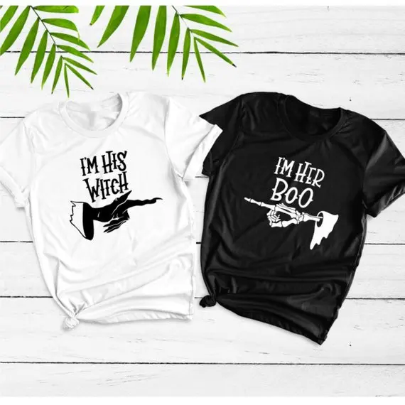 

Halloween Witch Weekend Party Clothes Funny Slogan Couples Graphic shirt Halloween Tees I'm His Witch I'm Her Boo Unisex T-Shirt