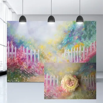 

Avezano Photography Backdrops Painting Spring Garden Pink Flower Fence Newborn Baby Shower Portrait Background Photo Studio Prop