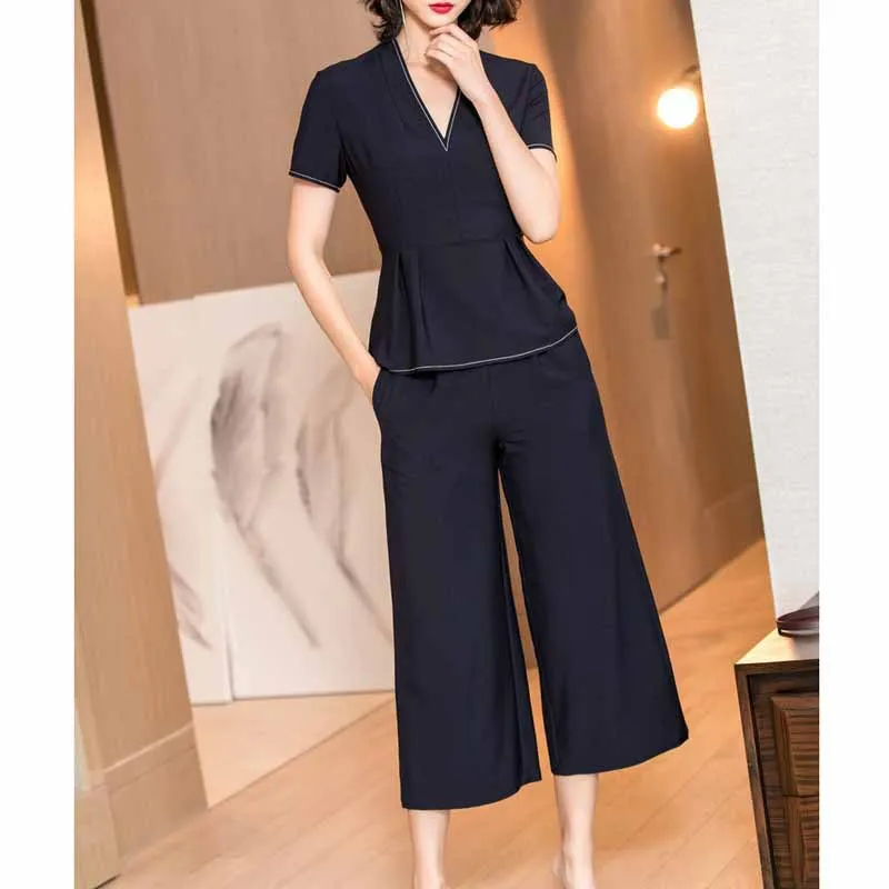 

2019 Summer New Style Fashion Set Simple Short-sleeved Shirt Tops Casual Loose Pants Two-Piece Women's-