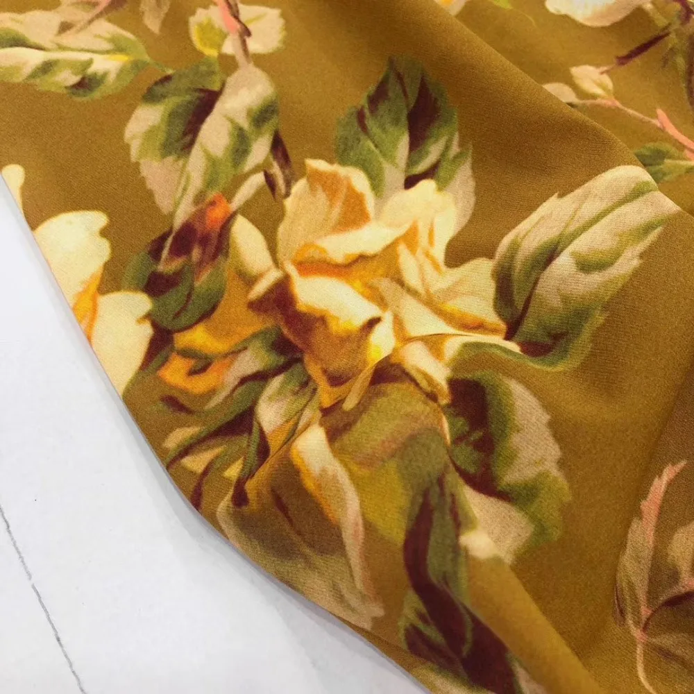 Women's Vintage Court Wind Cross-Neck Silk Print Waist Waist Thin Long Sleeve Dress