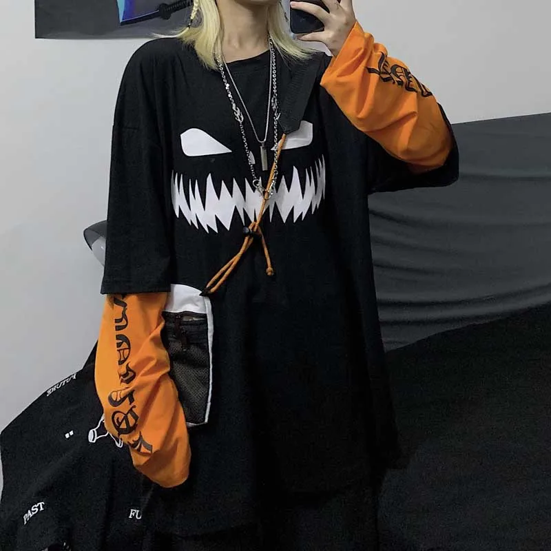 NiceMix Harajuku футболка с принтом тыквы и буквенным принтом, 2 предмета, Повседневная футболка в стиле пэчворк с длинными рукавами для женщин и му... NiceMix Harajuku футболка с принтом тыквы и буквенным принтом, 2 предмета, Повседневная футболка в стиле пэчворк с длинными рукавами для женщин и му...