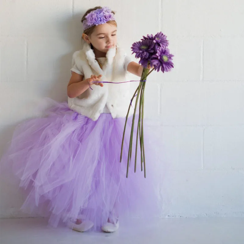 Длинная юбка-пачка цвета слоновой кости; фатиновая юбка-пачка ручной работы с цветами для девочек на свадьбу; пышная юбка длиной до щиколотки; 6 цветов на выбор - Цвет: Lavender