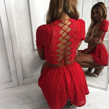 

Women Summer Casual Two Piece Sets Bandage Cross Hollow Out Crop Tops Shorts Set Crochet Lace Elastic Waist Suits