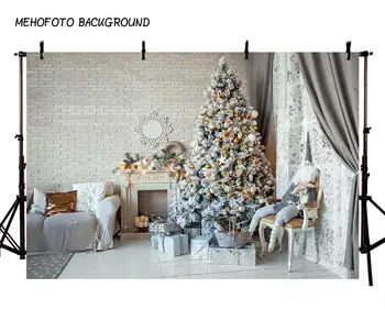 

Mehofond Christmas Tree Backdrops Gray Curtain Sofa Wooden Floor Brick Wall Decorations Photography Background for Photo Studio