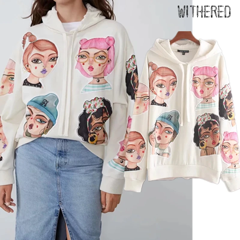 

Withered winter hoodies women high street vintage patchwork cartoon Fleece catching warm oversize hooded sweatshirt women tops