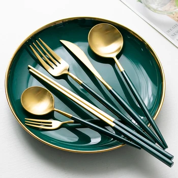 

Nordic Green Kitchen Forks and Spoons Sets European 304 Stainless Steel Knife Fork Spoon Western Tableware Lunch Cutlery 5CD10