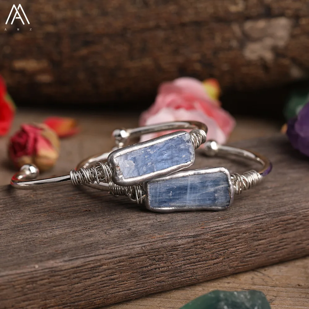 Silbrig Kupfer Draht Gewickelt Natürlichen Blau Kyanit Stein Unregelmäßigen Platte Perlen Offene Stulpe-armband Armband Für Frauen Mode Schmuck