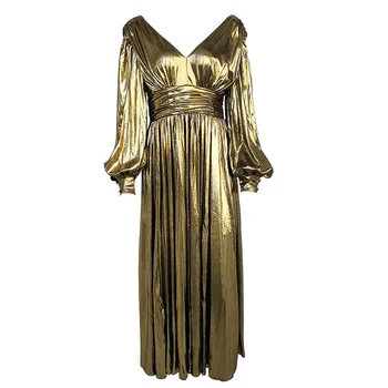 

European Runway Dress Women High Quality Vintage Gold V Neck Long Lantern Sleeve Mid Dress 2019 Autumn Split Pleated Dress