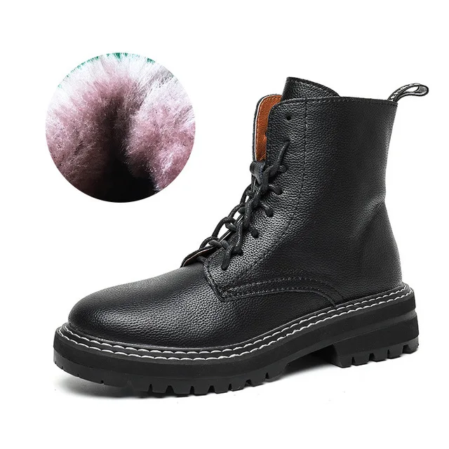 Г., ботинки женская обувь из натуральной кожи, зимние ботинки женские повседневные весенние мотоциклетные ботинки, Botas Mujer, женские ботильоны - Цвет: black fur inner