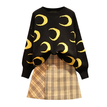 

Large size L -4XL ladies' winter new suit thick sweater grid skirt two pcs clothing set leisure suits pullover top