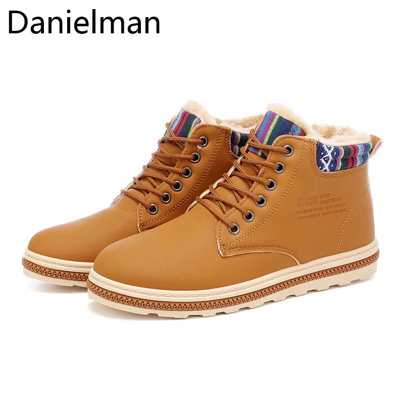 

Danielman Men Snow Boots Winter Warm Fleeces with Fur Cotton Shoes Casual Lace-up Leather Short Boot for Men Work Safety Shoe 80