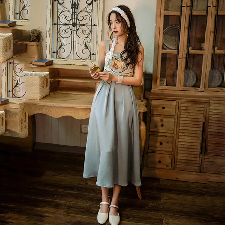 

Dress Elegant Goddess-Style Clothes Women's Summer Palace Retro Embroidered Holiday Skirt Medium-length Dress over-the-Knee Stra