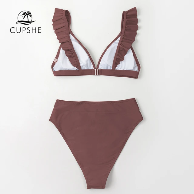 V-neck Ruffled High-waist Bikini Sets Swimsuit Women Sexy Solid Brown Two Pieces Swimwear 2022 New Beach Bathing Suits 5
