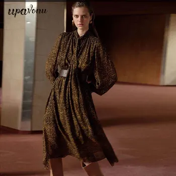 

Free Shipping 2020 New Women's Retro Leopard Print Dress Midi O Neck Lace-Up Lantern Sleeve Draped Loose A-line Dresses Vestidos