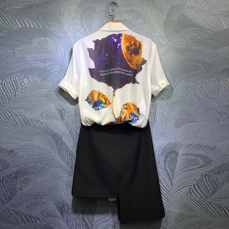 SEQINYY Office Lady Set 2020 Summer Spring New Fashion Design Women Short Sleeve Rose Print Letter Bead White Long Shirt + Skirt