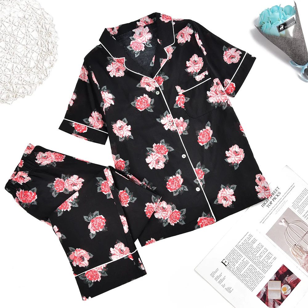 

Floral Printed Pyjamas 2Pcs Set Button Pocket Tops And Long Pant Spring Sleepwear Women Casual Home Clothing pijama mujer D30