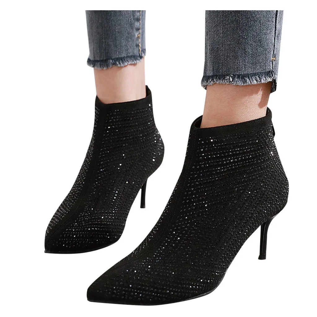 

Women's Pointed Toe Winter Boots woman Shoes Rhinestone Pointed High Heel Fashion Side Zipper Ladies Short Boot botas mujer