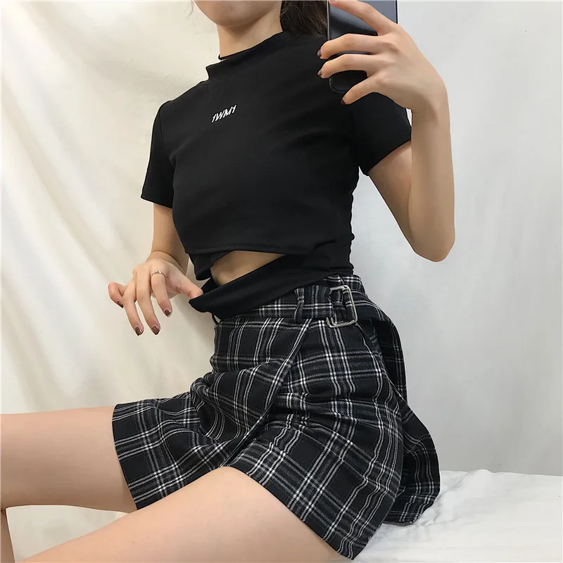 Новая модель Летняя женская юбка Harajuku клетчатая трапециевидная Высокая талия Повседневная мода Kawaii Студенческая Whit черно-белая решетка
