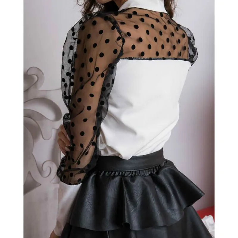 Fashion Womens Mesh Long Puff Sleeve Polka Dot Printed Bow knot Blouse Shirts Fashion Womens Mesh Long Puff Sleeve Polka Dot Printed Bow knot Blouse Shirts