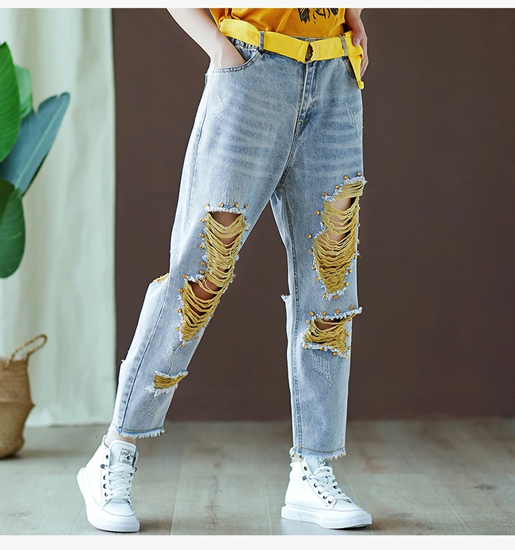 4625 летняя уличная одежда, джинсовые рваные джинсы для женщин с дырками, свободные модные джинсы больших размеров, женские джинсы с поясом, украшенные бисером