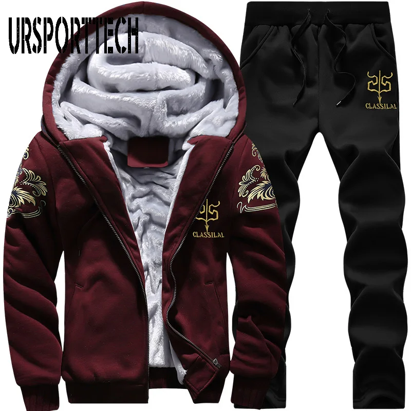 90% OFF URSPORTTECH Tracksuit Men Fleece Thick Hooded Casual Track Suit Men Jacket+Pant Two Piece Set Warm Fur Inside Winter Sweatshirt