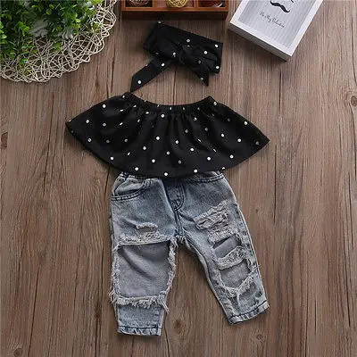 0-3Y Summer Fashion Toddler Clothes Baby Girls Dot Sleeveless Tops+Hole Jeans Outfits Casual 3pcs Clothes Set