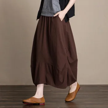 

2018 Vintage Fashion Casual Cotton and Linen Asymmetry Irregular Big Pocket Navy blue Female Bud Long Maxi Skirts With Womens